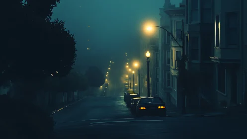Foggy urban street at night with parked cars and lights.