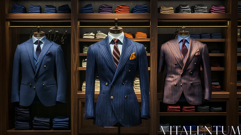Luxury Men's Suit Display in Wooden Retail Cabinets.