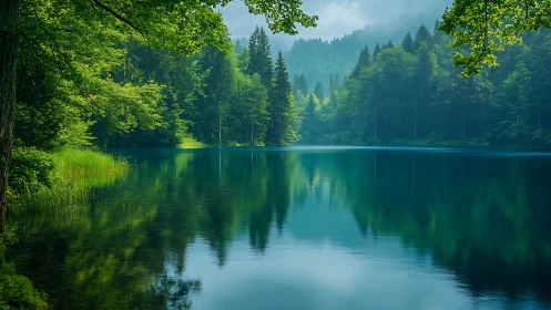 Misty forest lake mirrors deep green pines at sunrise.