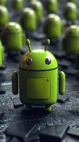 Green robot figurine stands among blurred identical units