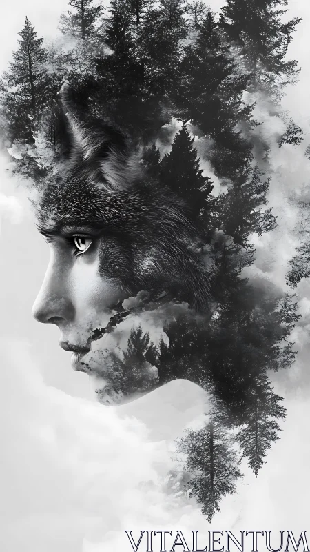 Forest-bred wolf spirit quietly braids woman and wilderness