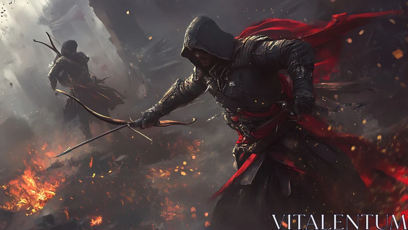 Hooded archers moving through burning battlefield ruins.