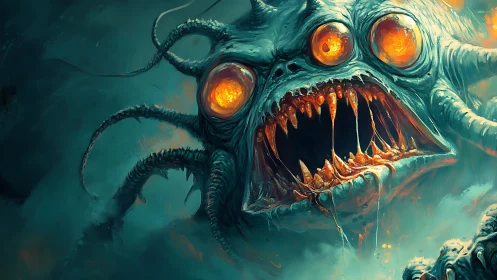 Monstrous tentacled creature with glowing orange eyes