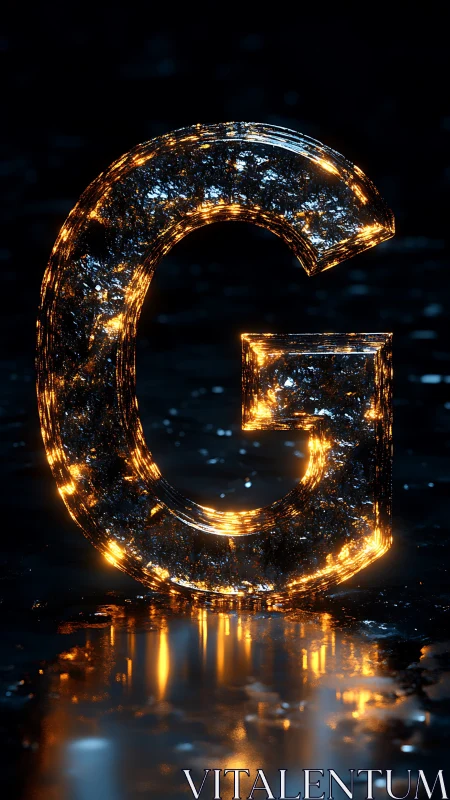 Glowing crystalline G letterform with reflective neon bokeh.
