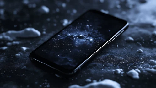 Smartphone screen reflects cosmic nebula over dark ice