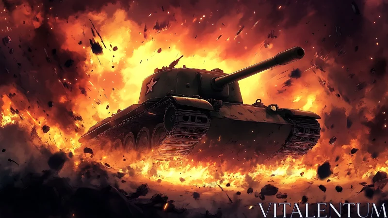Military tank rendered in explosive combat scenario with background detonations.