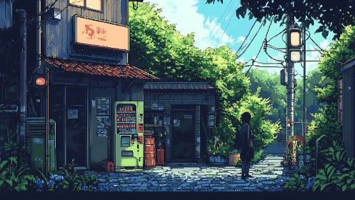 Solitary student pauses by sunlit vending street corner