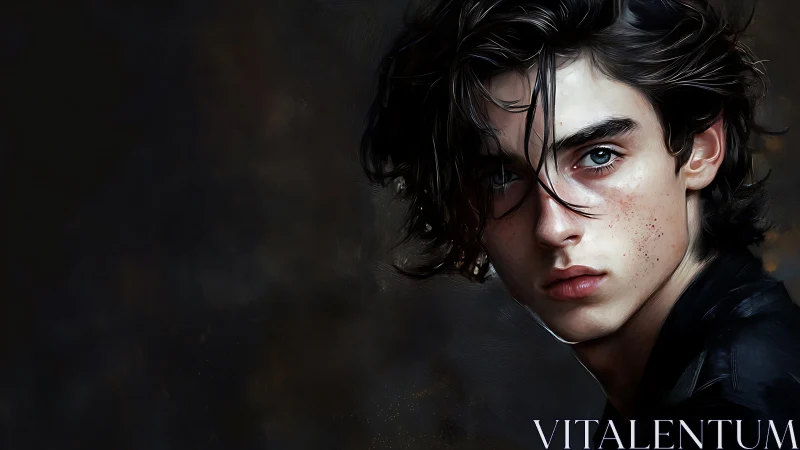 Storm-eyed youth in shadowed light, painted with hush.