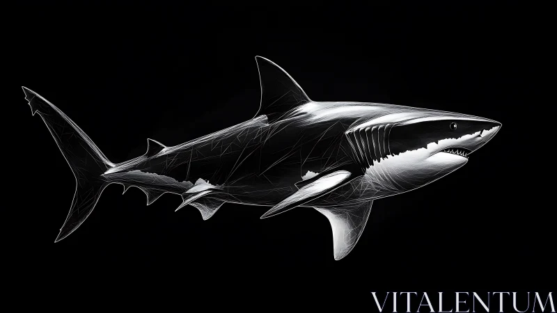 Futuristic white line shark on black digital seascape background.