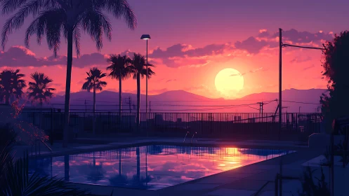 Neon sunset poolside dream with palm silhouettes and still water.