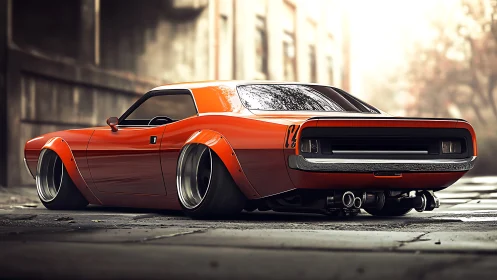 Low-slung orange muscle prowls a foggy industrial backstreet