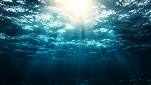Sunbeams Piercing Tranquil Ocean Depths from Above.
