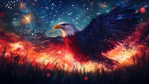 Digital painting of majestic eagle amid pyrotechnic sky.