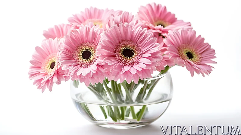 Pink Gerbera Daisies in Hemispherical Glass Vessel.