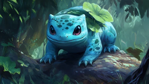 Blue forest creature rests under leaf canopy in light.