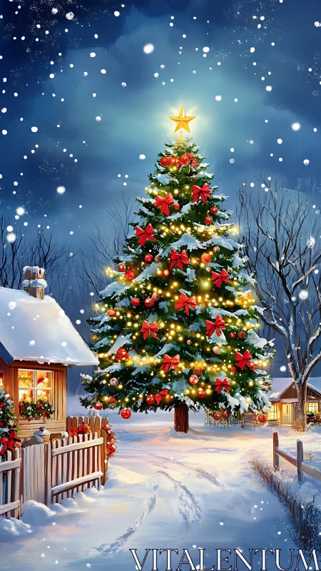 Snow-covered village Christmas tree glows under a starry sky