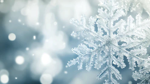 Crystal snowflake macro drifts through dreamy winter light.