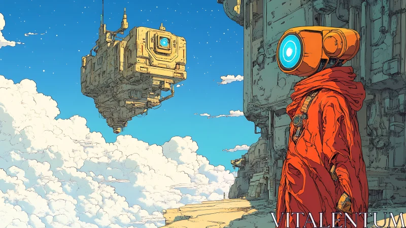 Robe clad android watching floating sci fi fortress above clouds.