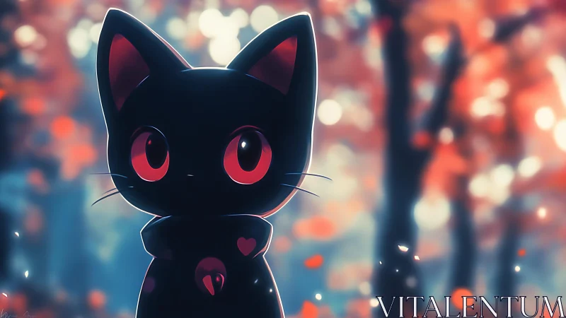 Black cartoon cat with red eyes in blurred forest scene.