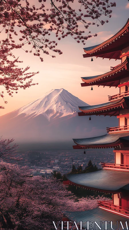 Cherry pagoda terraces framing Mount Fuji at pastel dusk.