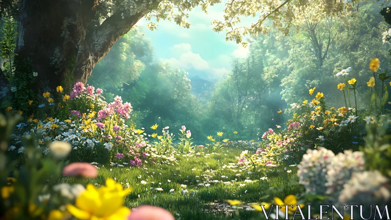 Sunlit wildflower meadow opens beneath blooming forest canopy