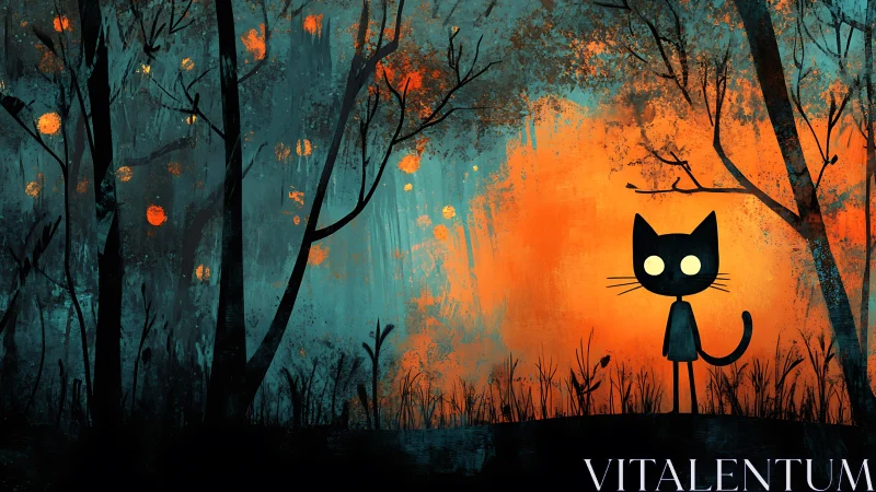 Black cat silhouette in glowing orange and teal forest scene.