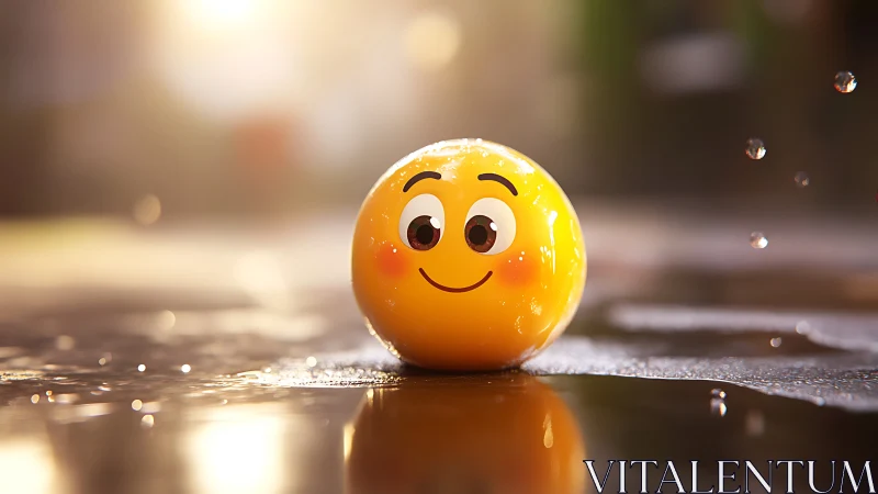 Smiling yellow emoji ball on wet reflective street surface.
