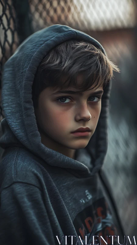 Young soul in quiet reflection by weathered urban walls