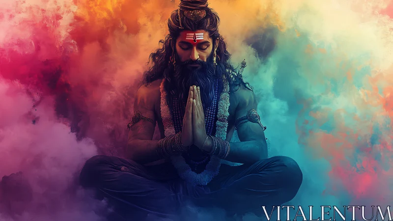 Mystic yogi meditating within vibrant cosmic clouds.