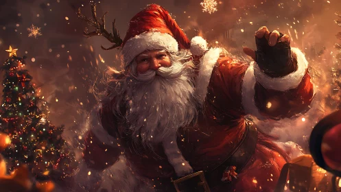 Santa figure in red suit moves through warm lit snowfall