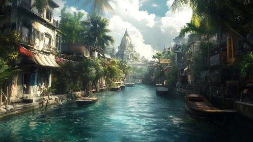 Sunlit canal quarter drifting toward a distant domed citadel.