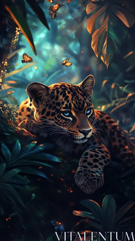 Dreamy jungle leopard resting beneath glowing butterflies.