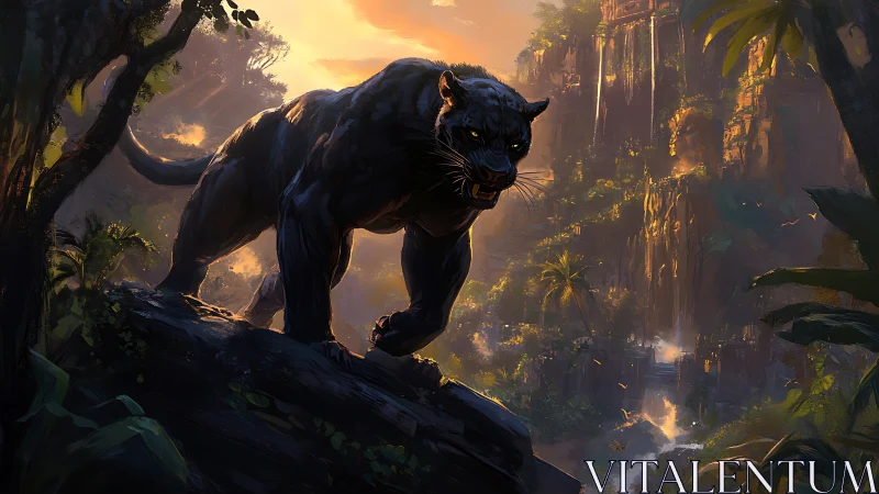 Onyx Panther Stalking Ancient Ravine Valley at Dusk.