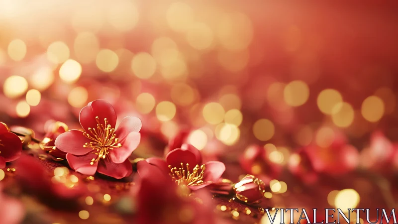 Red Flowering Blossoms with Golden Stamens in Soft Bokeh Environment