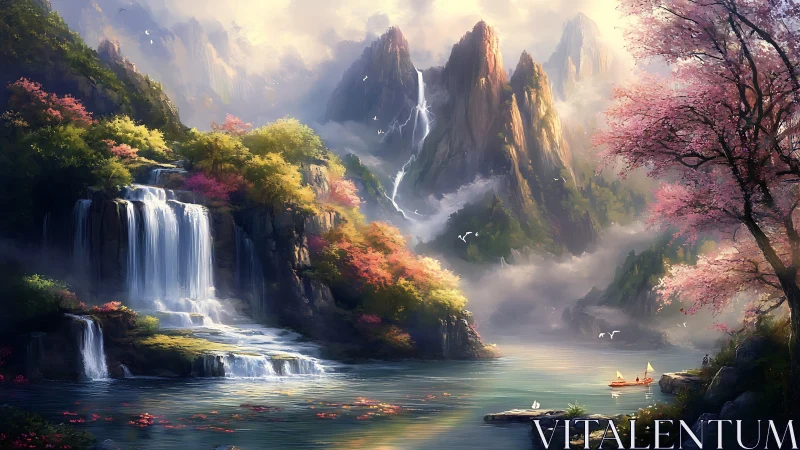 Enchanted mountain lagoon with cascading silver waterfalls