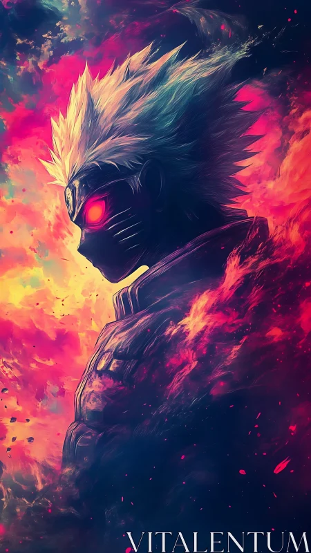 Side-profile anime figure stands in intense neon flames