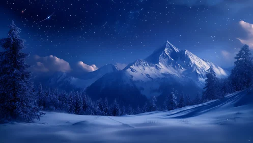 Starlit alpine peak under deep blue winter night sky.