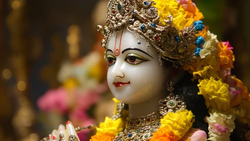 Hindu deity statue wears jeweled crown and flower garlands