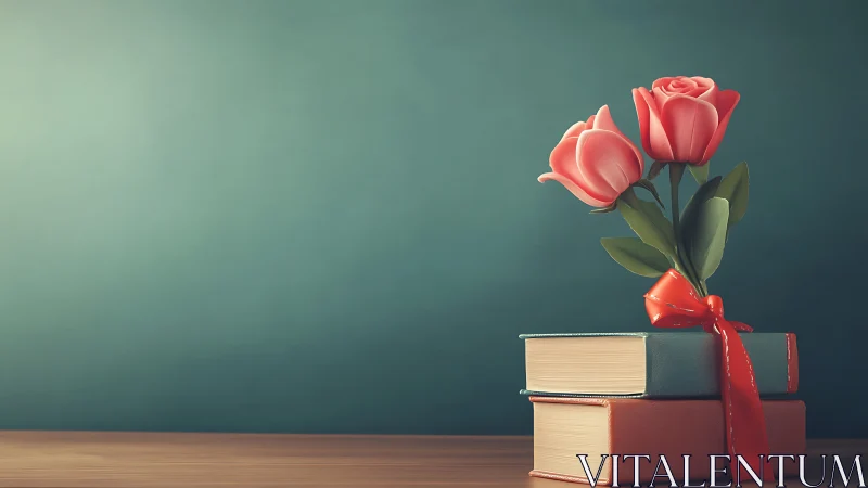 Coral Roses with Red Ribbon on Stacked Books.