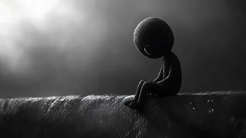 Quiet little figure resting alone in soft grayscale light.