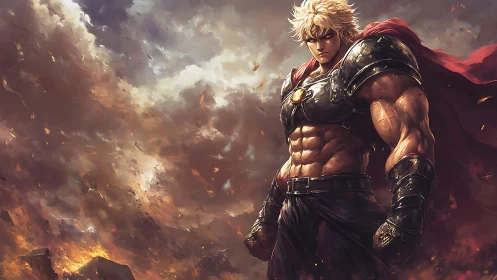 Armored warrior in storm-lit battlefield with dynamic painterly lighting