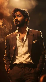Cinematic low-key portrait isolates confident man in warm haze