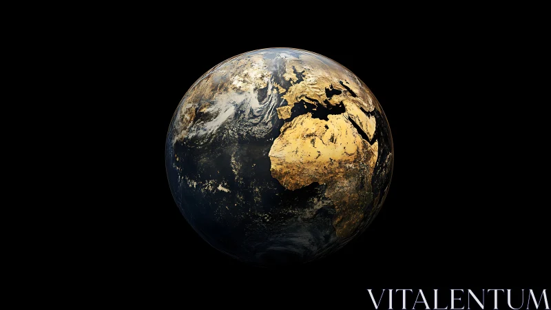 Gold-accented Earth render emphasizes African landmass and cloud strata