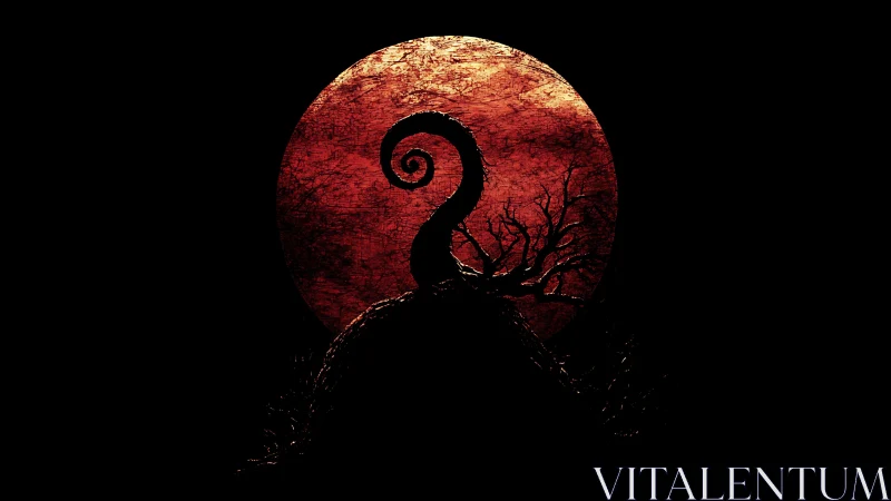 Silhouetted curled hill and tree align before textured red moon
