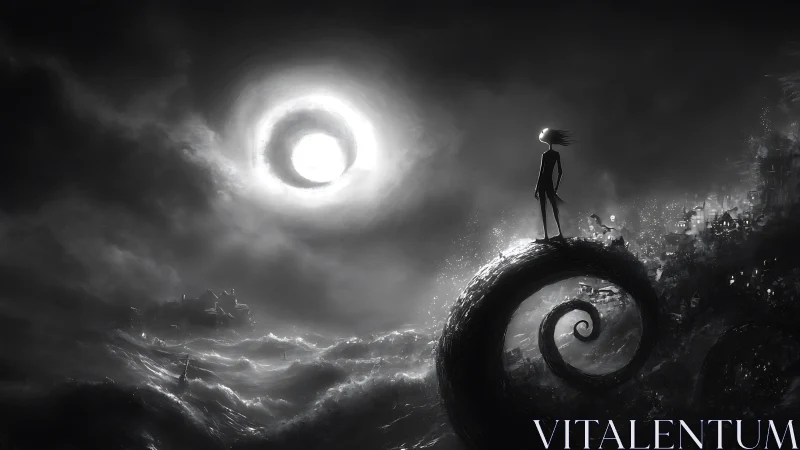 Silhouetted figure on spiral ledge under bright circular sky.