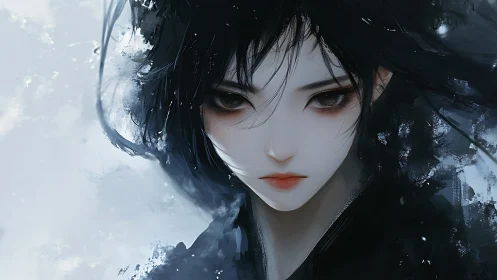 Silent winter gaze of a midnight-haired dreamer.