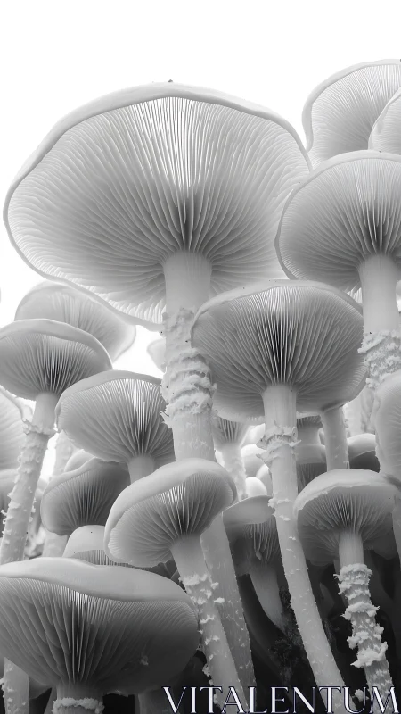 Monochrome macro study of clustered mushroom gills in ascent.