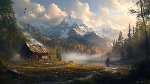 Mountain cabin overlooks misty lake under sunrise light