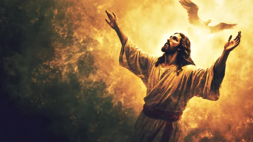 Radiant figure in golden light reaching toward the heavens.