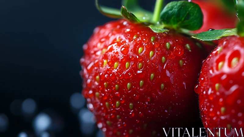 Close-up shows wet strawberries with visible seeds and texture